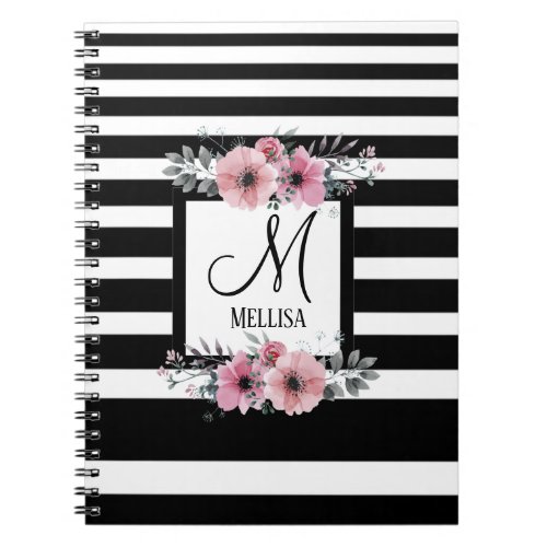 Black  White Stripes Pink Floral Monogram Notebook