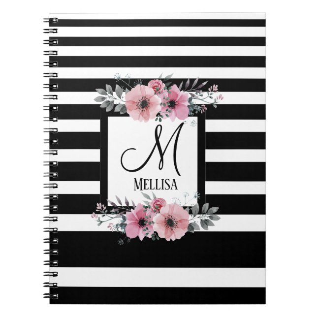 Black & White Stripes Pink Floral Monogram Notebook (Front)
