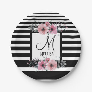 Black & White Stripes Pink Floral Monogram Paper Plates