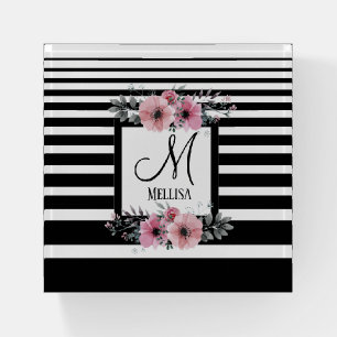 Black & White Stripes Pink Floral Monogram Paperweight