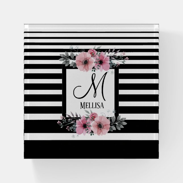 Black & White Stripes Pink Floral Monogram Paperweight (Front)