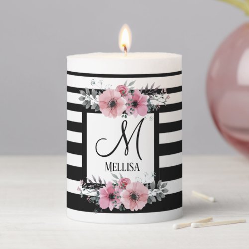 Black  White Stripes Pink Floral Monogram Pillar Candle