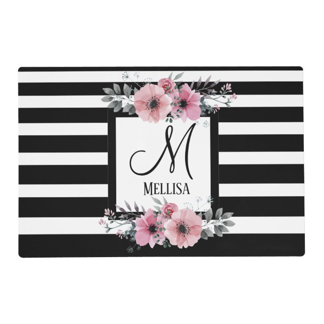 Black & White Stripes Pink Floral Monogram Placemat (Front)