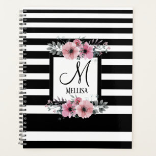 Black & White Stripes Pink Floral Monogram Planner