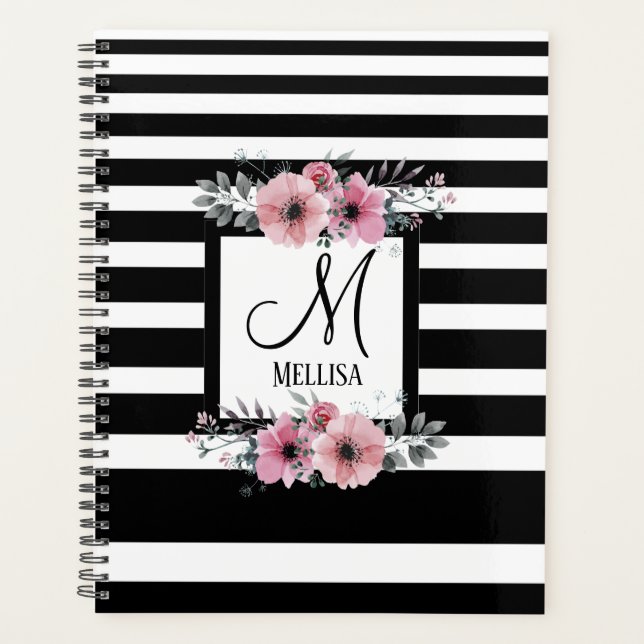 Black & White Stripes Pink Floral Monogram Planner (Front)