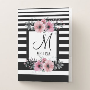Black & White Stripes Pink Floral Monogram Pocket Folder