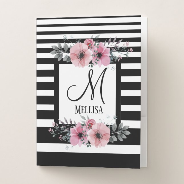 Black & White Stripes Pink Floral Monogram Pocket Folder (Front)