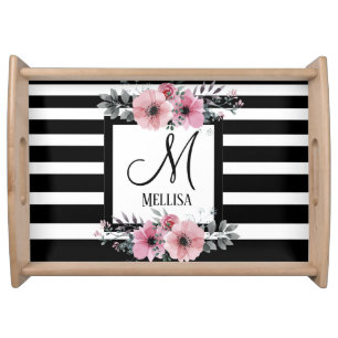 Black & White Stripes Pink Floral Monogram Serving Tray