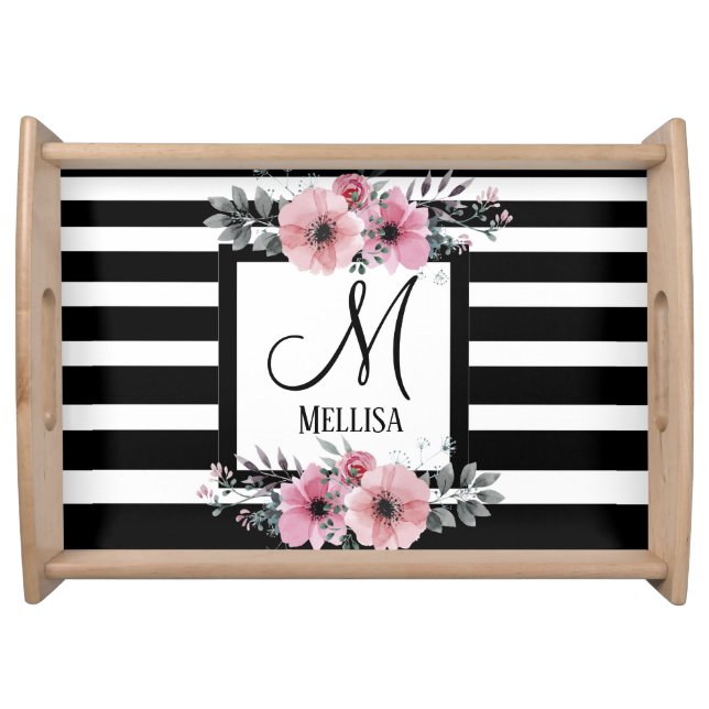 Black & White Stripes Pink Floral Monogram Serving Tray (Front)