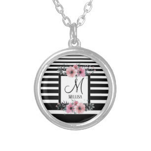 Black & White Stripes Pink Floral Monogram Silver Plated Necklace