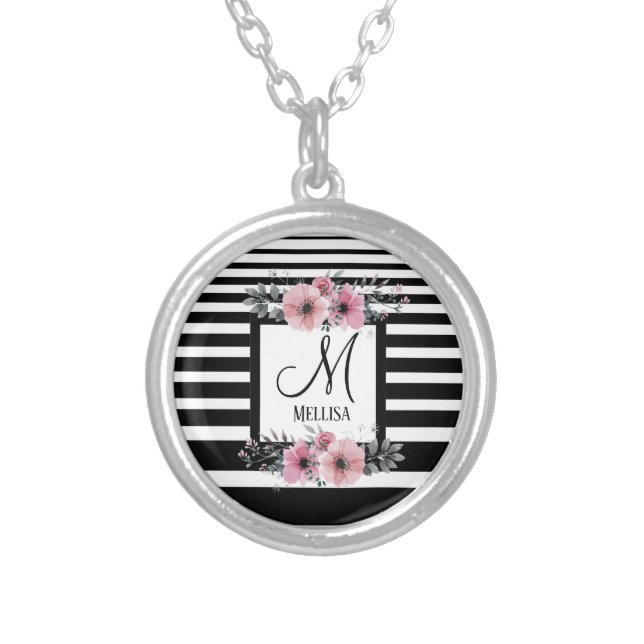 Black & White Stripes Pink Floral Monogram Silver Plated Necklace (Front)