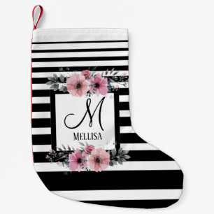 Black & White Stripes Pink Floral Monogram Small Christmas Stocking