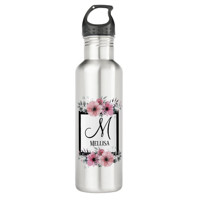 Black & White Stripes Pink Floral Monogram Stainless Steel Water Bottle (Front)
