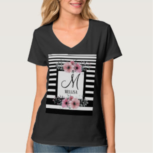 Black & White Stripes Pink Floral Monogram T-Shirt