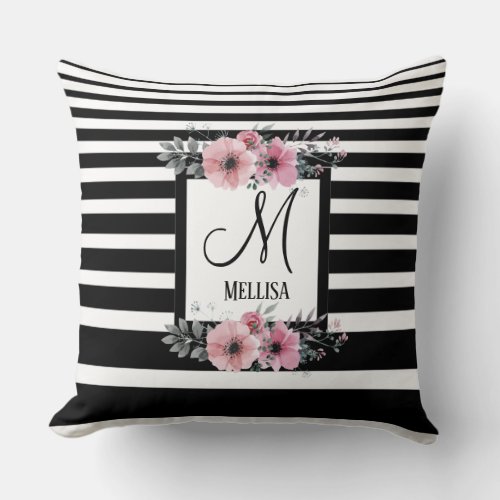 Black  White Stripes Pink Floral Monogram Throw Pillow