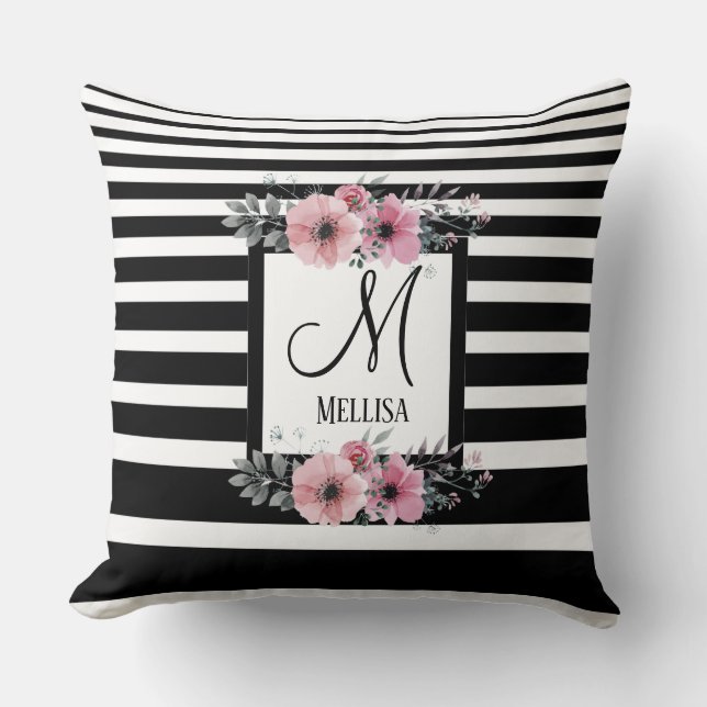 Black & White Stripes Pink Floral Monogram Throw Pillow (Front)