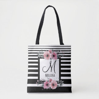 Black & White Stripes Pink Floral Monogram Tote Bag