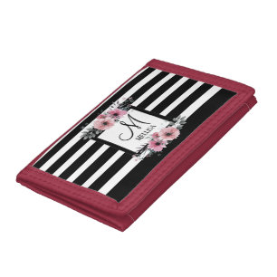 Black & White Stripes Pink Floral Monogram Trifold Wallet