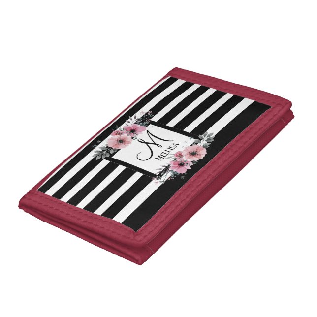 Black & White Stripes Pink Floral Monogram Trifold Wallet (Bottom)