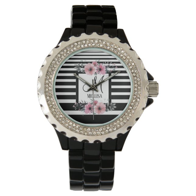 Black & White Stripes Pink Floral Monogram Watch (Front)
