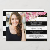 Black white stripes, pink floral photo graduation invitation (Front/Back)