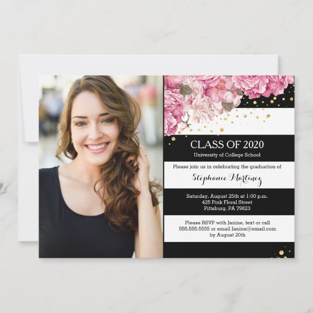 Black white stripes, pink floral photo graduation invitation (Front)
