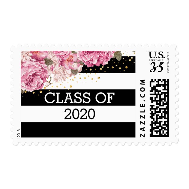 Black White Stripes, Pink Floral Photo Graduation Postage