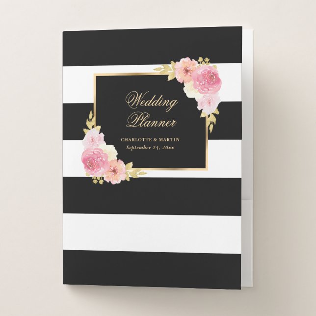Black White Stripes Pink Floral Wedding Planner Pocket Folder (Front)