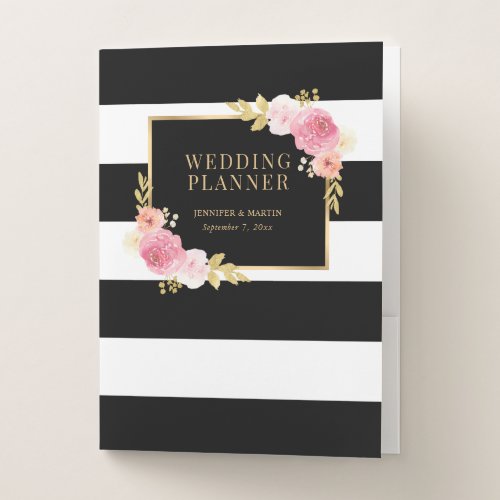 Black White Stripes Pink Floral Wedding Planner Pocket Folder