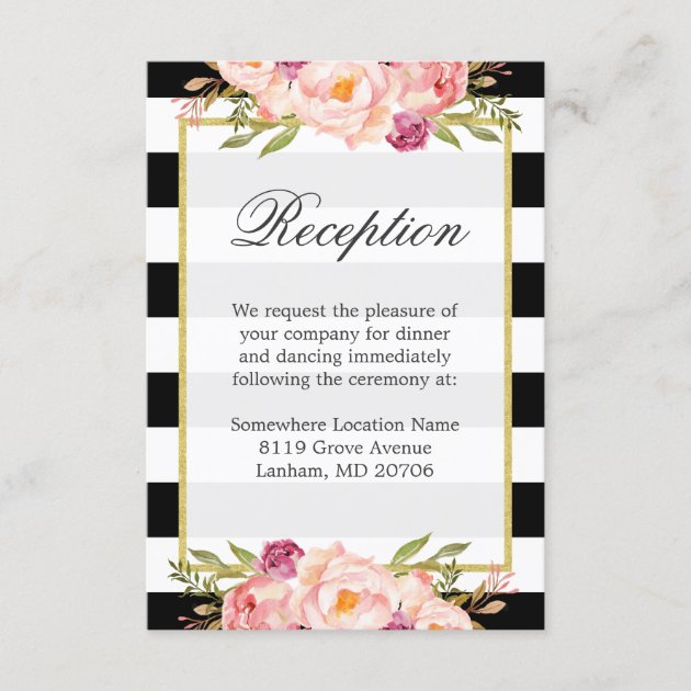 Black White Stripes Pink Floral Wedding Reception Enclosure Card