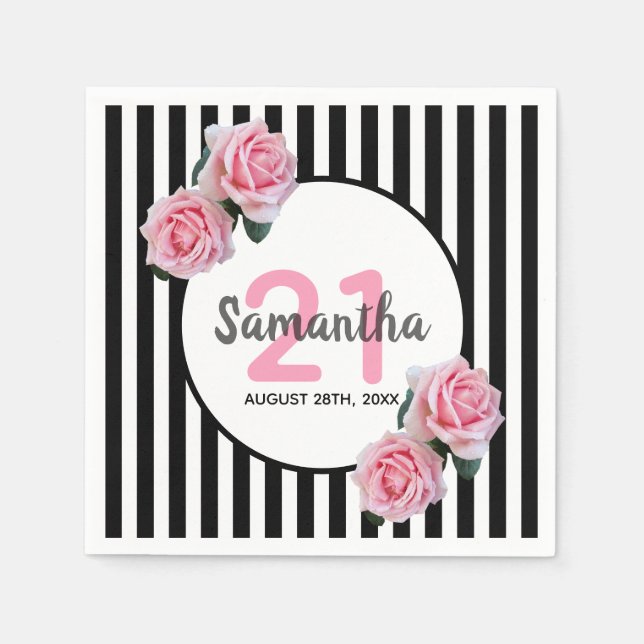 Black white stripes pink florals 21st birthday napkins (Front)