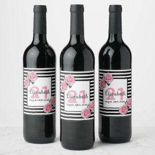Black white stripes pink florals 21st birthday wine label