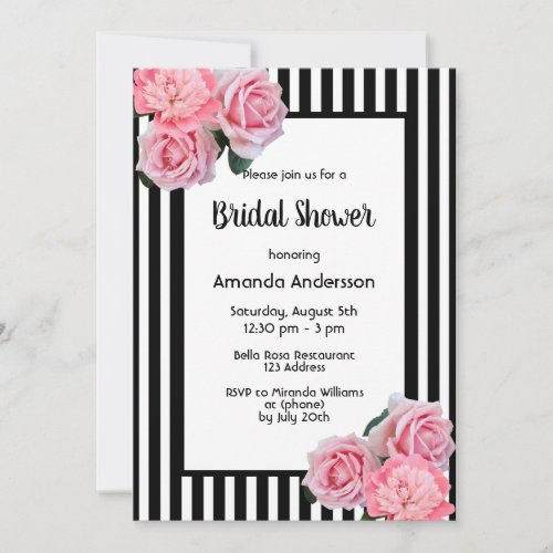 Black white stripes pink florals Bridal Shower Invitation