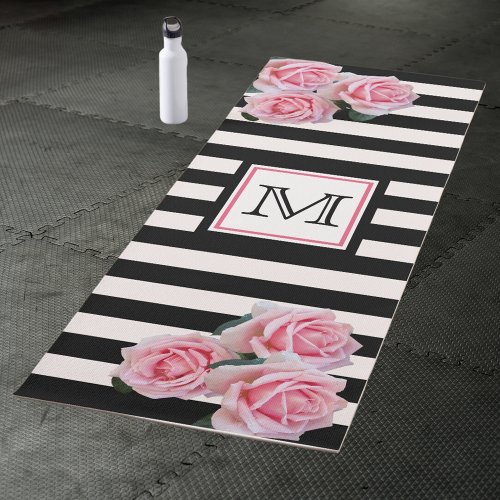 Black white stripes pink florals monogram yoga mat