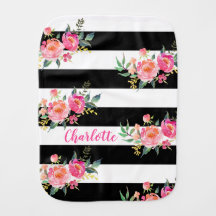 Black & White Stripes Pink Flowers Burp Cloth