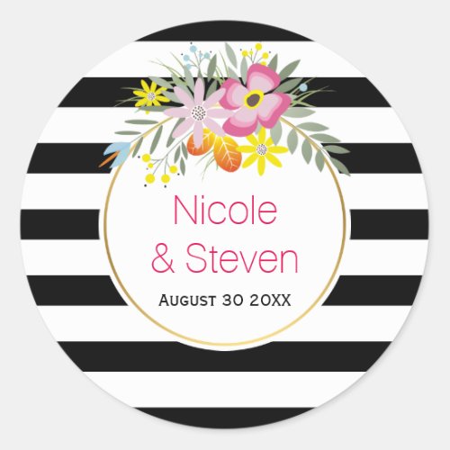 Black white stripes  pink flowers modern wedding classic round sticker