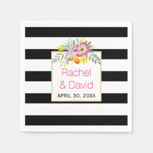 Black, white stripes pink folklore flowers wedding paper napkins