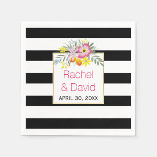 Black, white stripes pink folklore flowers wedding paper napkins