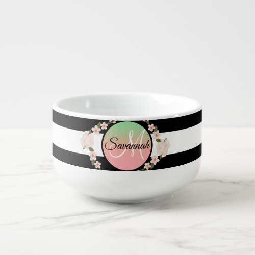 Black White Stripes Pink frame Monogramm Floral Soup Mug