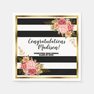 Black White Stripes Pink Gold Floral Graduation Napkins