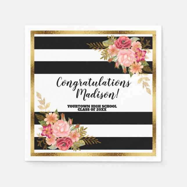 Black White Stripes Pink Gold Floral Graduation Napkins (Front)