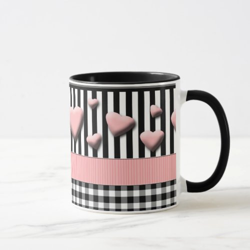 Black White Stripes Pink Hearts Mug