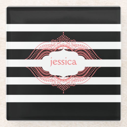 Black  White Stripes Pink Lace Frame Glass Coaster