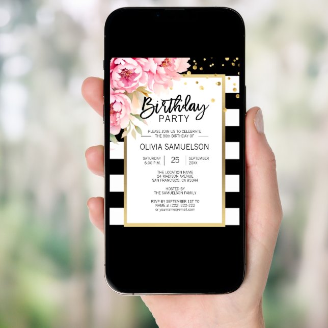 Black White Stripes Pink Peonies Birthday Party Invitation (Front Digital)