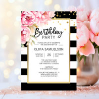 Black White Stripes Pink Peonies Birthday Party