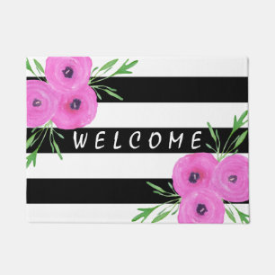 Black White Stripes Pink Ranunculus Floral Doormat