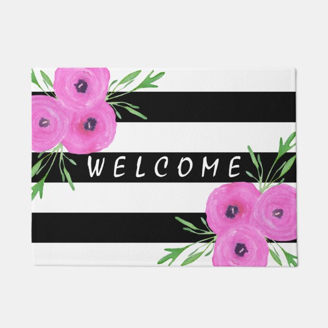 Black White Stripes Pink Ranunculus Floral Doormat (Front)