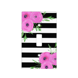 Black White Stripes Pink Ranunculus Floral Light Switch Cover