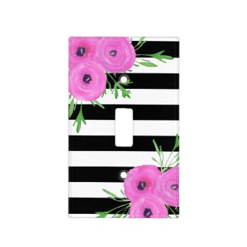 Black White Stripes Pink Ranunculus Floral Light Switch Cover by PandaCatGallery at Zazzle