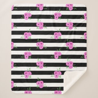 Black White Stripes Pink Ranunculus Floral Pattern Sherpa Blanket
